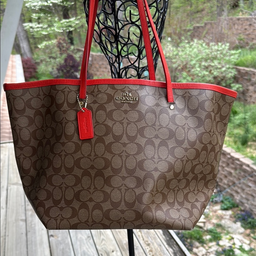Coach Brown and Red Signature Tote Bag